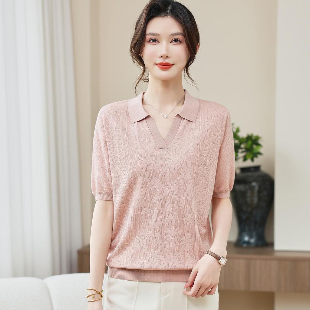 Young Mother’s Summer Ice Silk Jacquard Knit Top - 2026 New Short-Sleeved T-Shirt for Mother’s Day