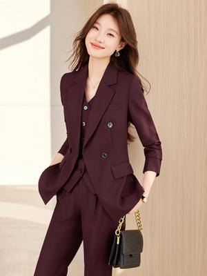 Korean Style Women's Purple-Red Slim Fit Suit: Professional, Age-Reducing Two-Piece Set