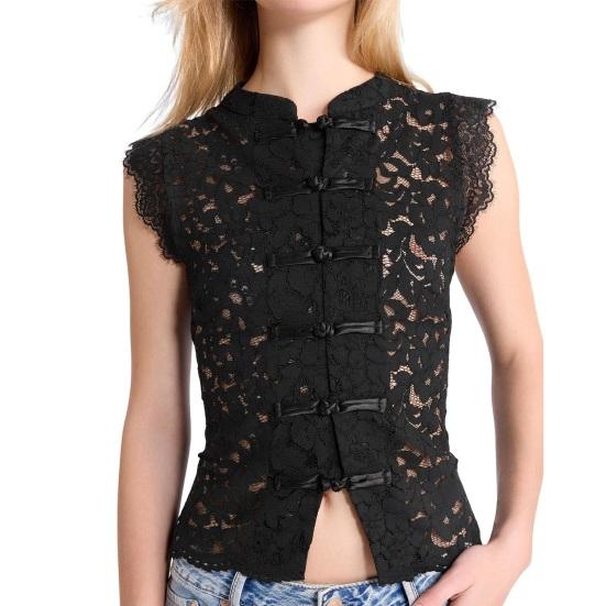 Women Tops Stand Collar Sleeveless Knot Button Short Tops Embroidery Lace Perspective Blouse Streetwear
