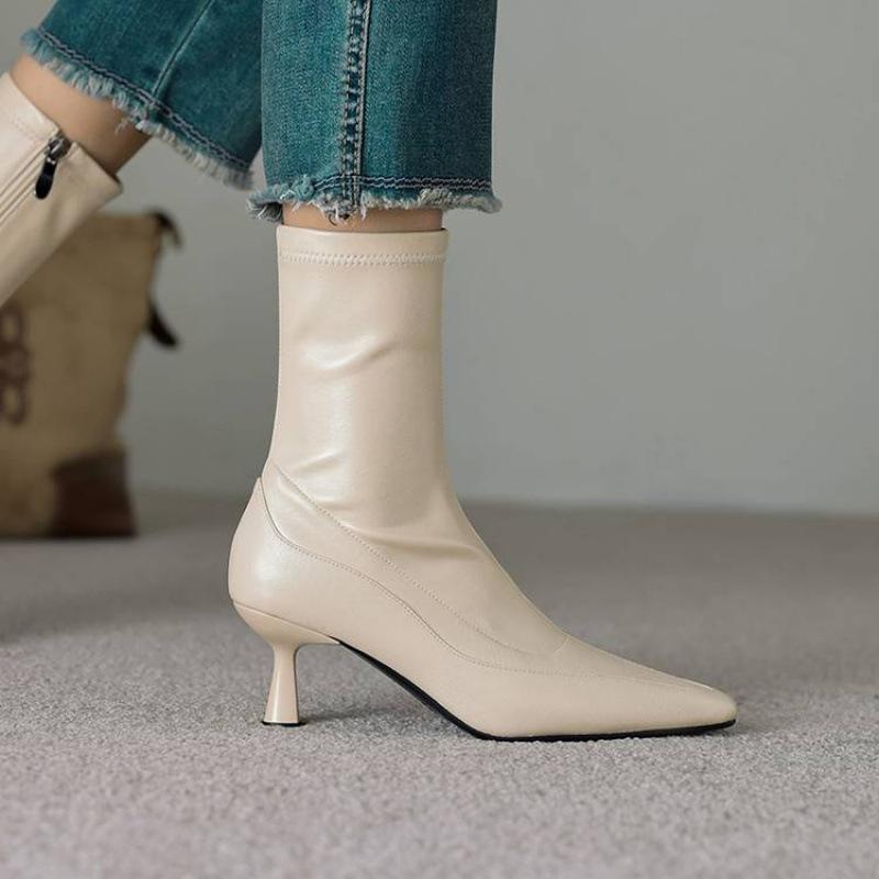 New Solid Color Versatile Martin Boots Rubber Sole High Heel Pointed Large Size Leather Boots Autumn and Winter Fine Heel Zipper Medium Boots