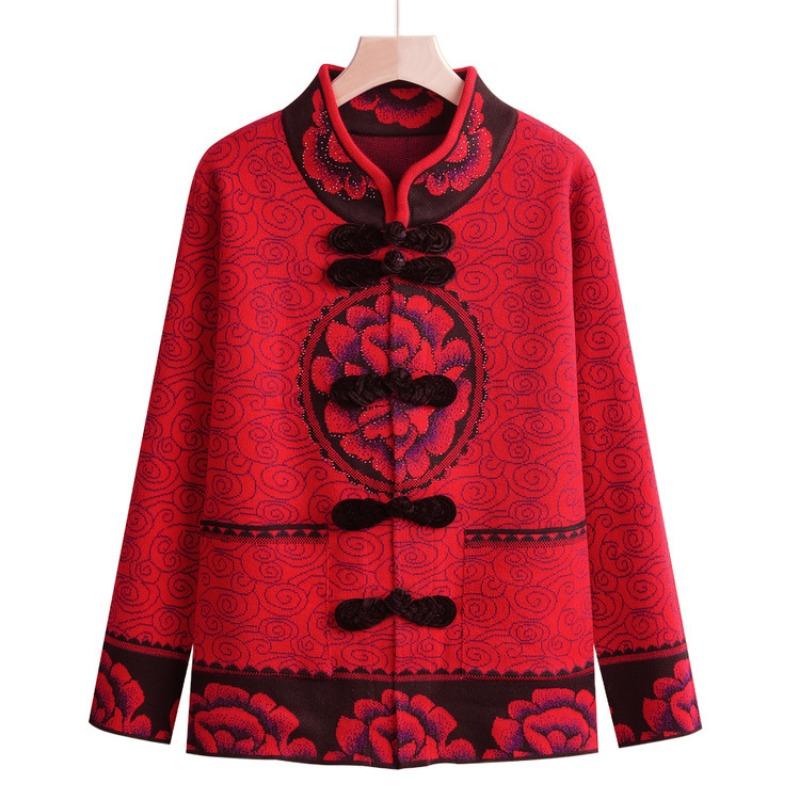 Middle-aged mother spring and autumn velvet natal year top the elderly grandmother spring women's knitted sweater Chinese New Year jacket