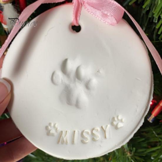 Pet Paw Print Christmas Ornament Kit 2 Pcs Dog/Cat DIY Hanging Souvenir with Customization Tools And Display Stand Clay Pawprint Keepsake Lover