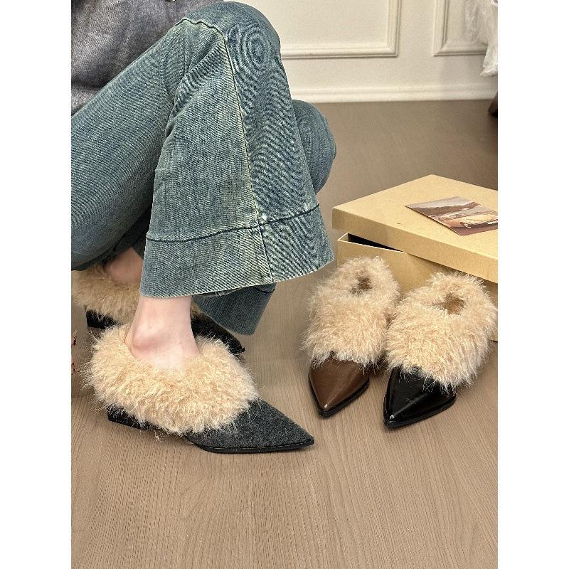 Korean female teddy roll! Stylish pointed-toed plush heel small leather shoes for women's autumn and Korean version of plush plush single shoes