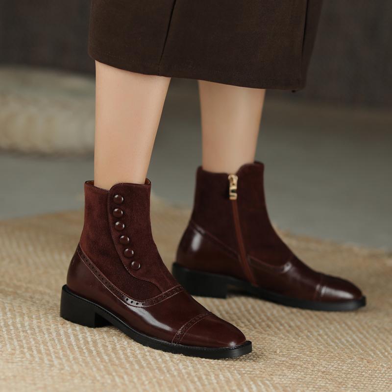 Fashion Hot Square Toe Women Boots Winter Rivet Buckle ZIP Brogues Retro Short Boots Thick Heel Ankle Boots Fashion Flock Women Shoes