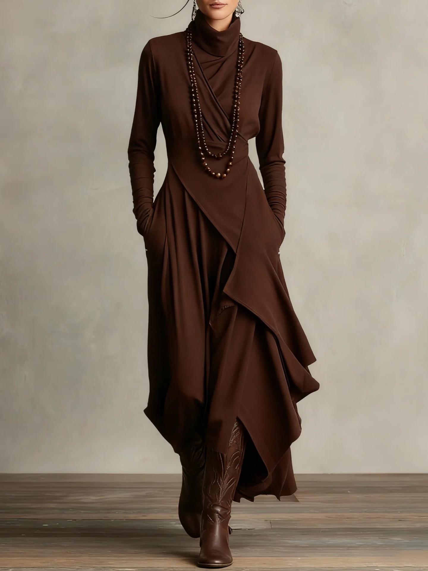 

2025 Women s Solid Color Long Sleeve Cross High Neck Maxi Dress for Spring and Autumn 1XL темно-коричневого кольору