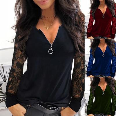 Fashion Womens Casual Sexy Lace Mesh Stitching V-Neck Zipper Long Sleeve Tops