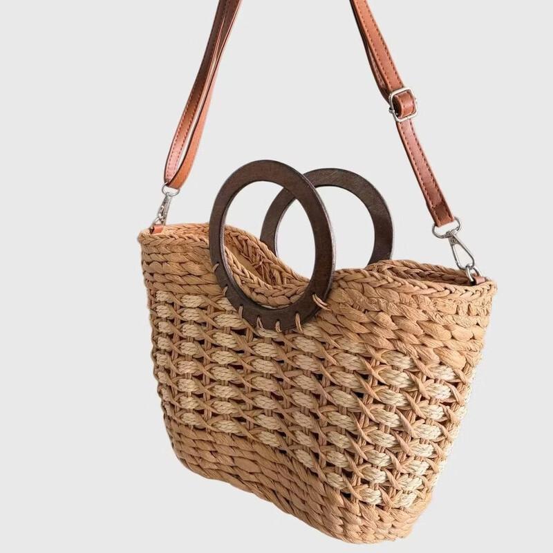 Kairui Retro Straw Tote Bag with Wooden Handles