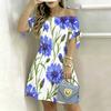 Women Plus Size Off Shoulder Short Sleeve Tie Cuff Printed White Blue Floral A Line Dress