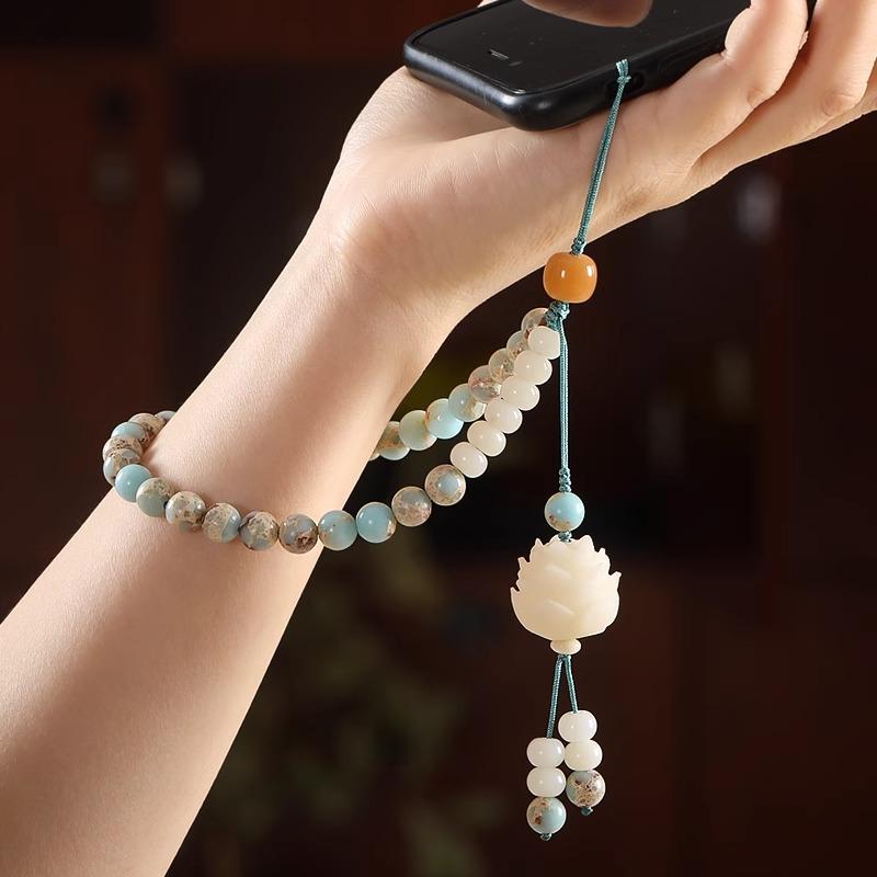 New Chinese Shoushan Stone Mobile Phone Chain Chinese Style White Jade Bodhi Lotus Mobile Phone Case Pendant Wrist Men's and Women's Jewelry