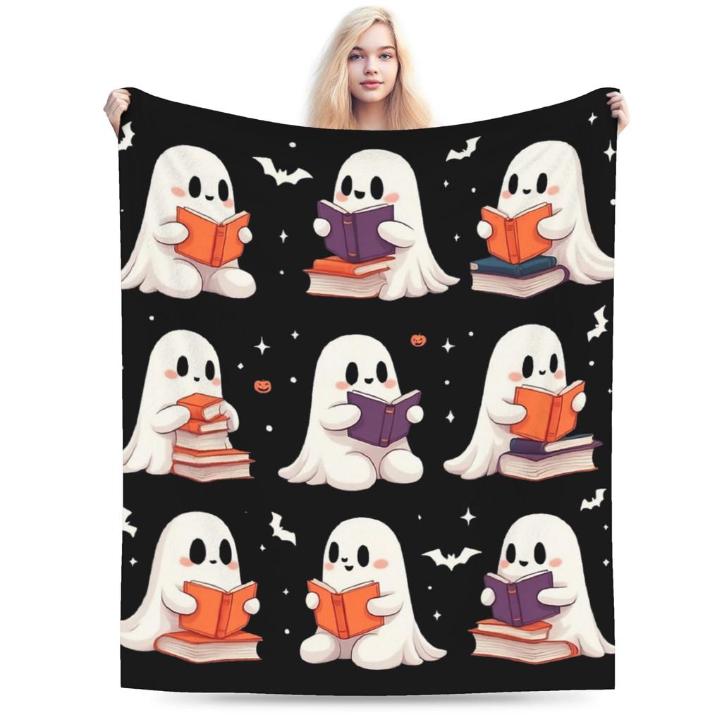 Halloween Ghost Reading Books Witch Cat Blanket Cover Fleece  Soft Throw Blankets for Bedding Couch Bed Rug