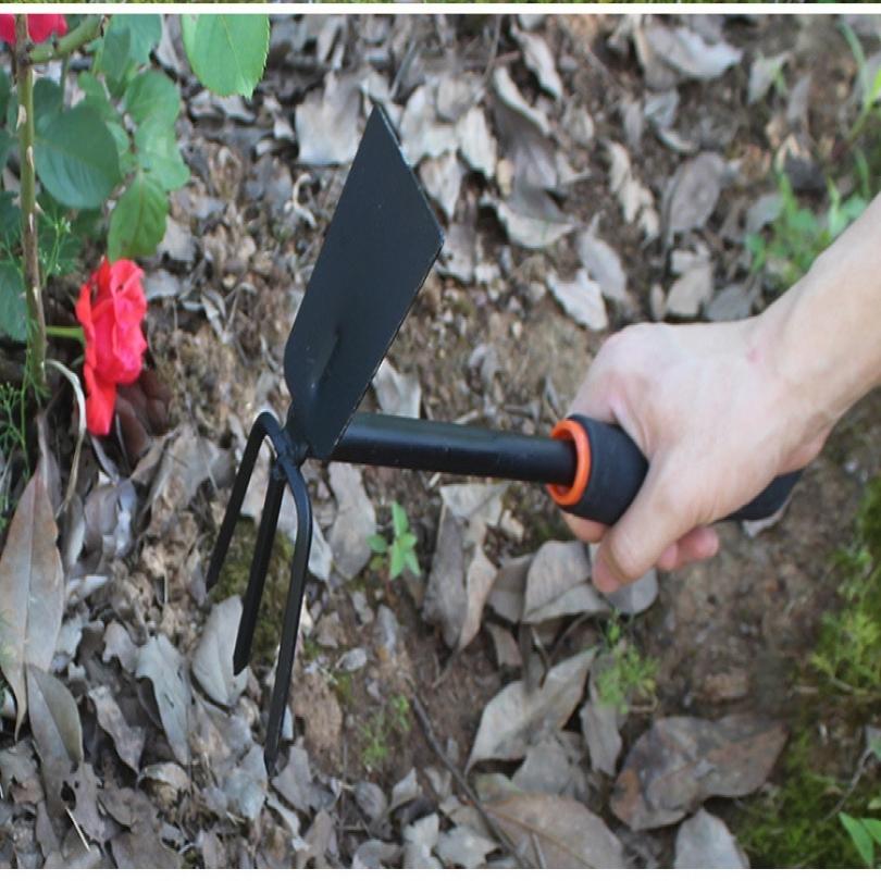 Thicken Serviceable Dual Use Small Hoe for Gardening Tool with Three Tooth Harrow Head, Iron Head Dual Purpose Hoe