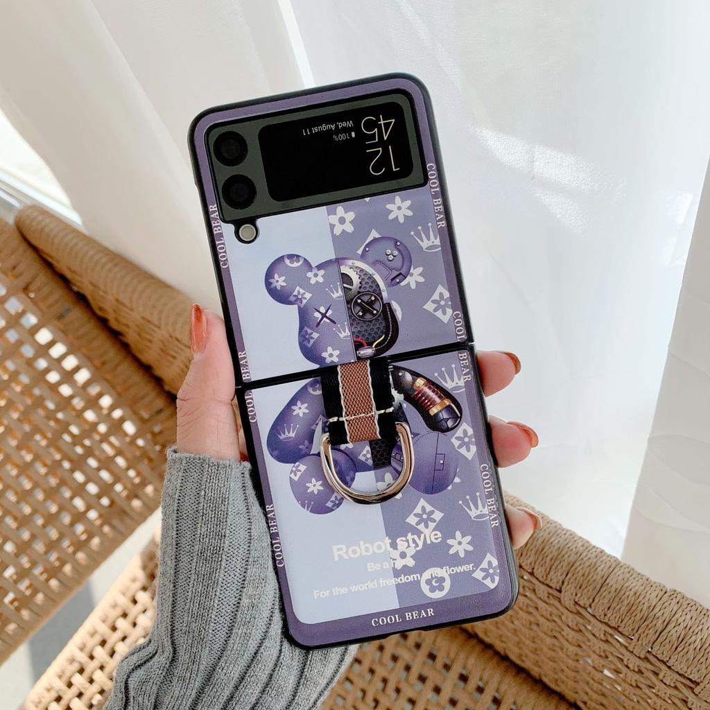 Suitable for Samsung ZFlip45G Version Leather Fingerprint Ring Mobile Phone Case Violent Bear Folding Screen Anti Fall Protection Case Anti Slip