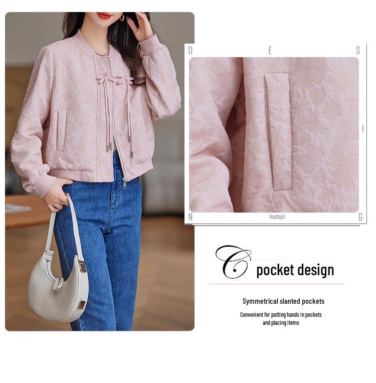 2024 Spring/Autumn Women's National Style Round Neck Frog Button Baseball Jacket