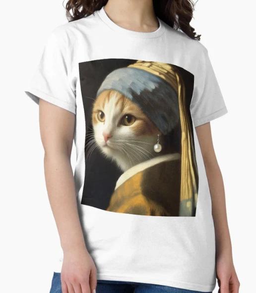 Cat with Pearl Earring Vermeer painting Altered art T-Shirt 4XL