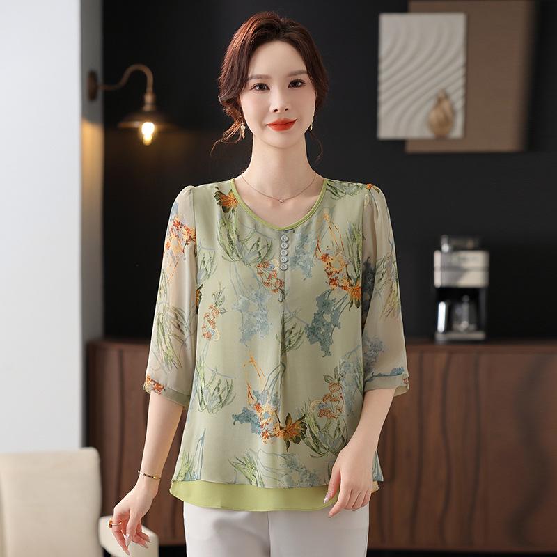 

Шифоновая блузка с рукавом семь восьмых для женщин среднего и пожилого возраста - Летний модный принт, футболка с рукавом до локтя XXL (110-125 jin) зелёный