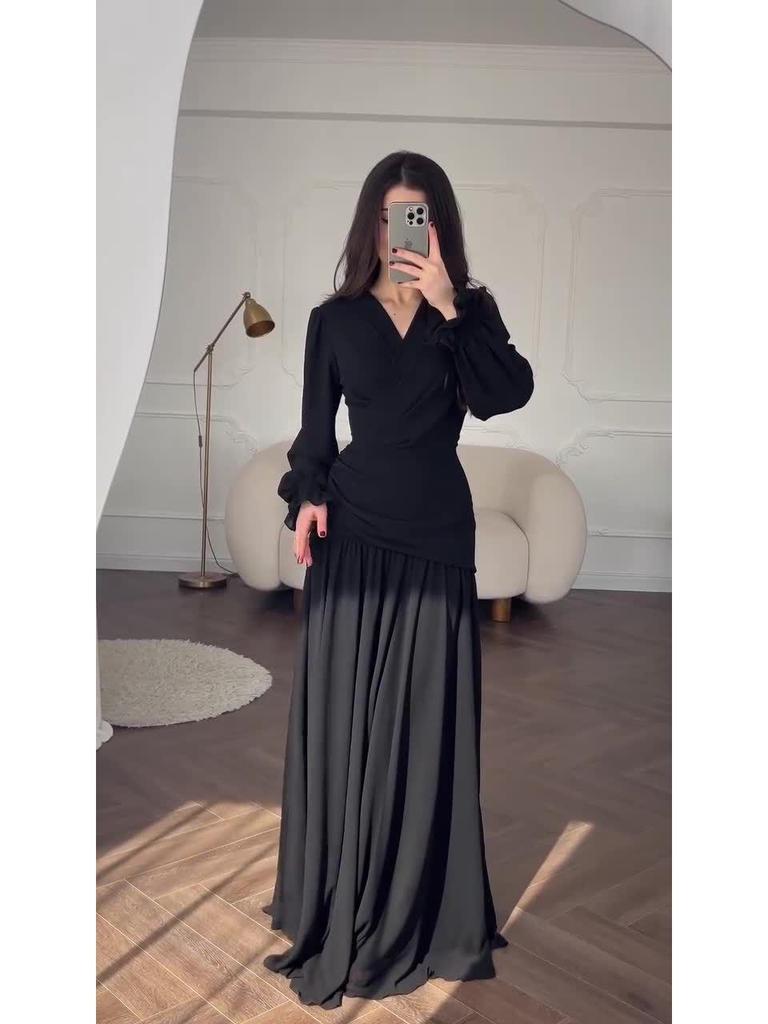 2025 European & American Style Chiffon Black Dress, Wine Red, Spring Collection