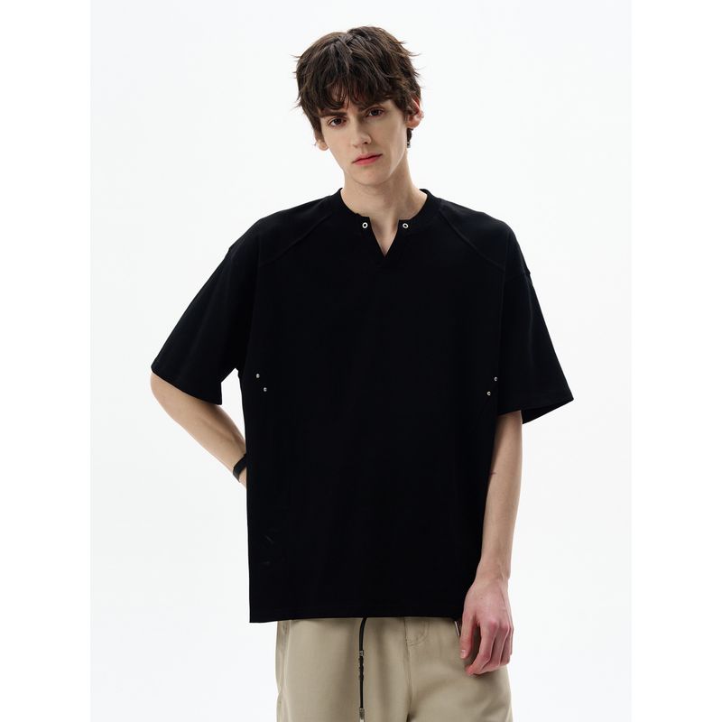 Madwitch American Retro Deconstructed V-Neck Short-Sleeve T-Shirt for Men and Women, Loose and Versatile Cleanfit Half-Sleeve Top Trendy