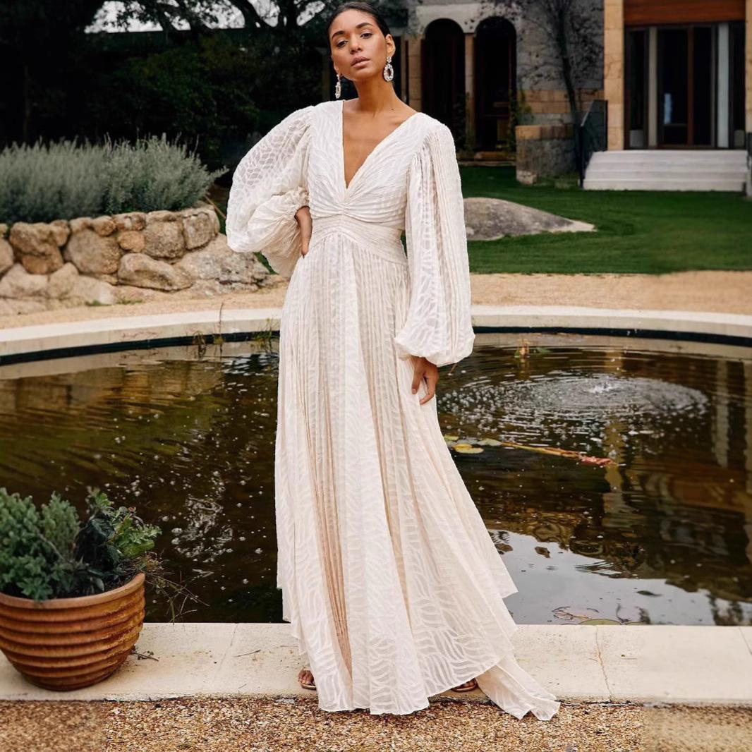 

Women s White V-Neck Flare Sleeve Dress with Waist Pleats S белый