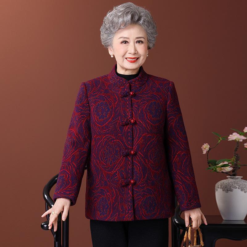Elderly Women's Velvet Wool Coat: Thickened Winter Tang Suit