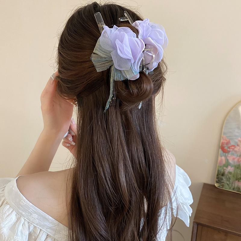 Épingle à cheveux fleur nœud en maille acrylique début printemps niche vacances clip photo accessoires cheveux tendance élégants doux