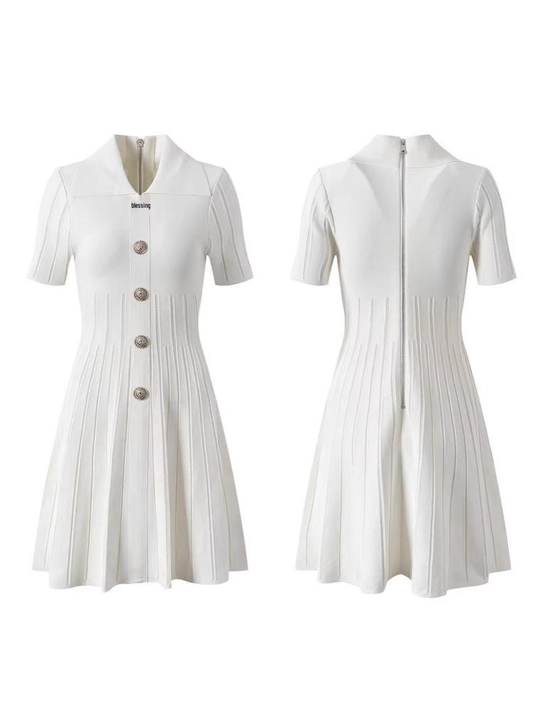 2026 European & American Coco-Inspired Knit Dress: Short Sleeve, A-Line Skirt, French Lapel