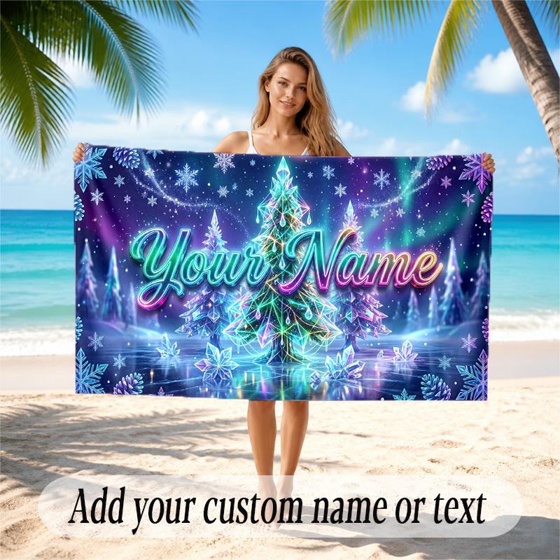 Christmas Theme Quick Dry Beach Towel Custom Name Text Print Large Sand Resistant Towel Beach Vacation