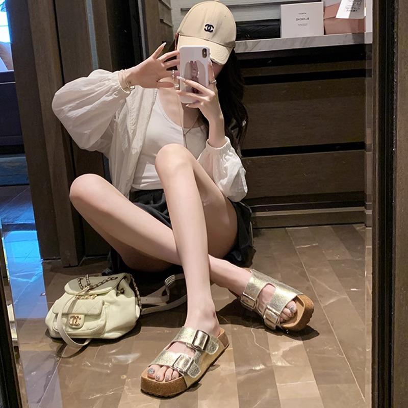 Silver burst pattern thick-soled cork slippers double-breasted fashion Boken shoes cool slippers women's pedal summer wear
