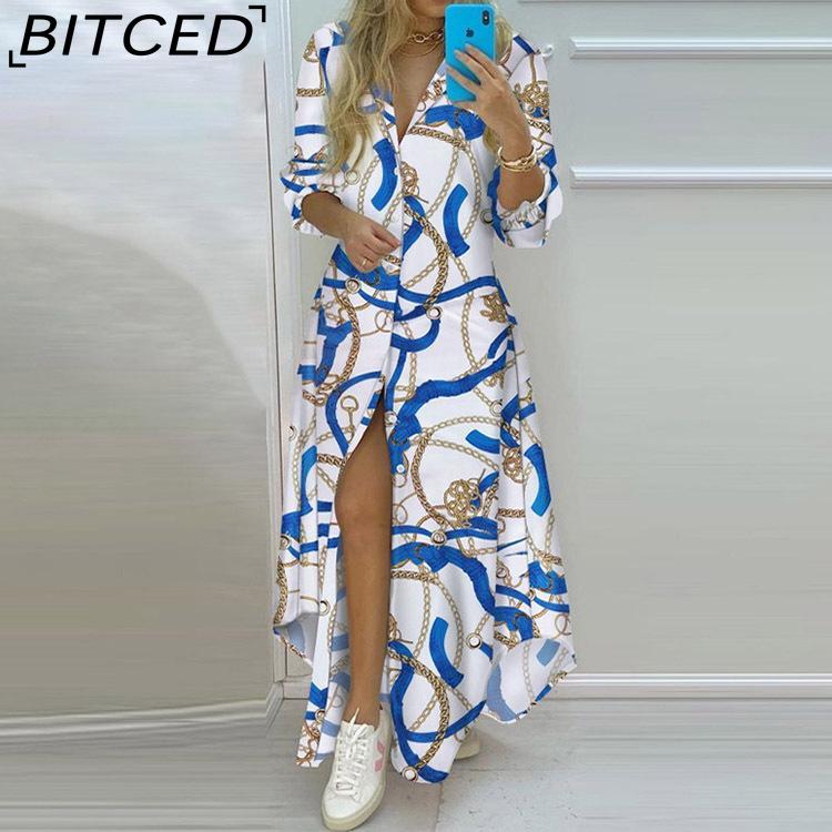

BITCED Spring Autumn Women s Temperament Print Shirt Dress Single-Breasted Open Shirt Dress Casual Long Dress XXXL