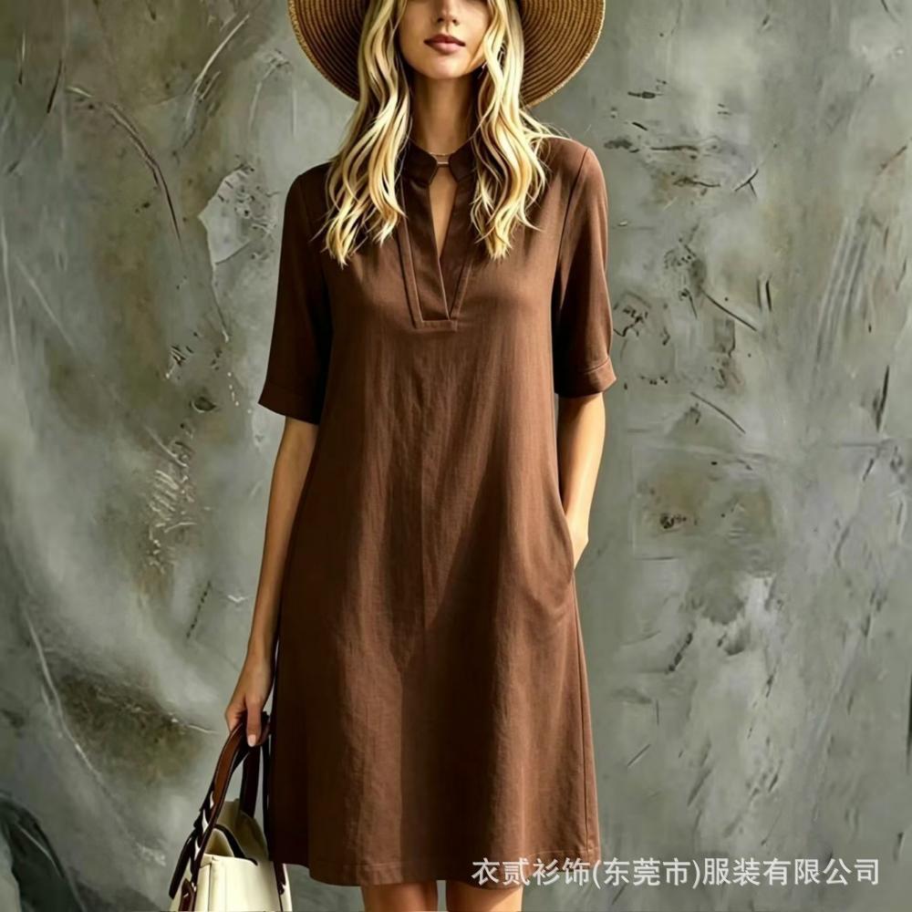 New European and American stand-up collar notch, elegant V-neck short-sleeved dress, women's loose casual pocket straight short skirt