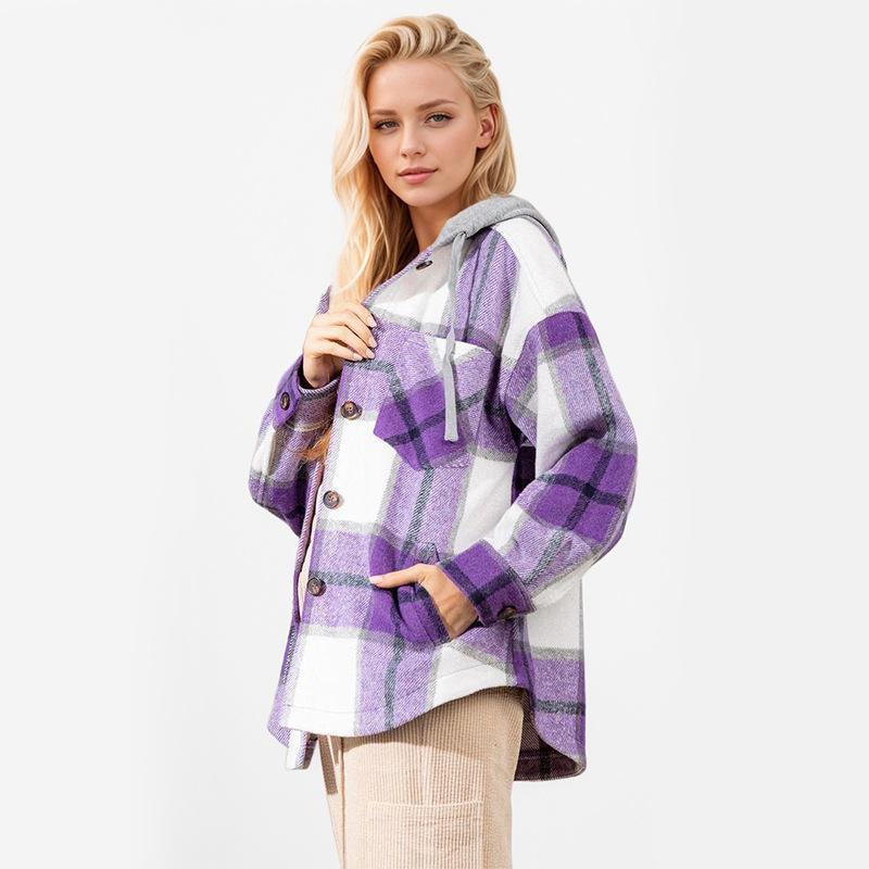 Herbst Damen Plaid Bedruckte Kapuze Patchwork Langarm Lose Tweed Jacke