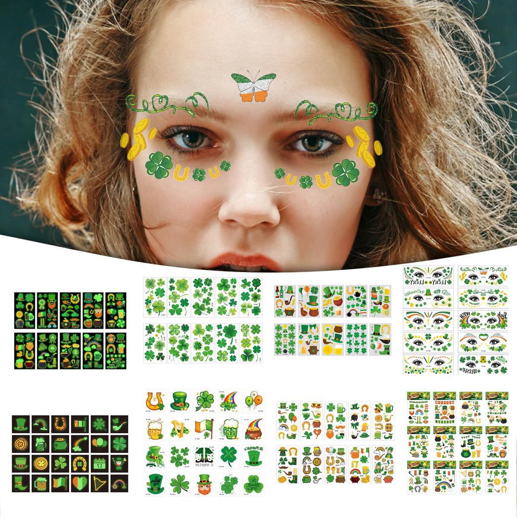 New St. Patrick's Day Three And Four Leaf Face Sticker Irish Painted Green Hat Waterproof  Sticker