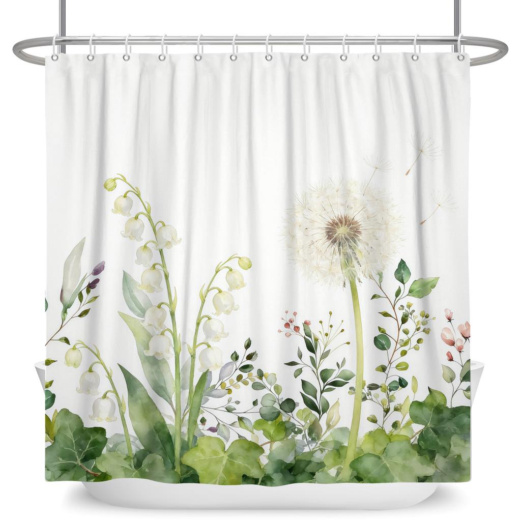 Watercolor Green Leaf Shower Curtain Floral Plant Botanical Print Waterproof Bath Curtain For Bathroom Decor Polyester With Hook
