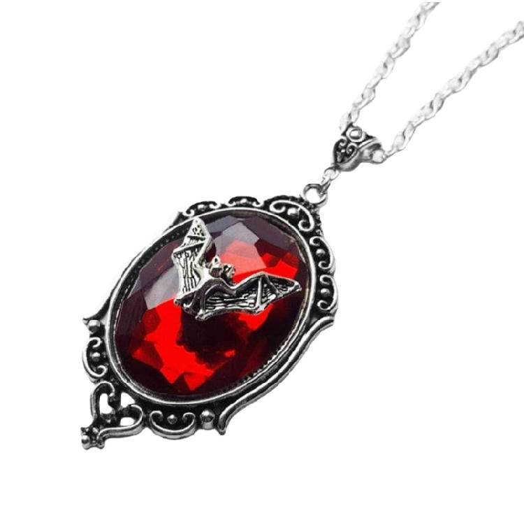 Gothic Red Bat Glass Pendant Necklace Red Bat Pendant Necklace Halloween Choker