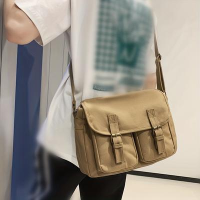 Simple Vintage Messenger Shoulder Bag, Unisex Lightweight Buckle Decor Shoulder Bag, Retro Casual Square Canvas Bag For School