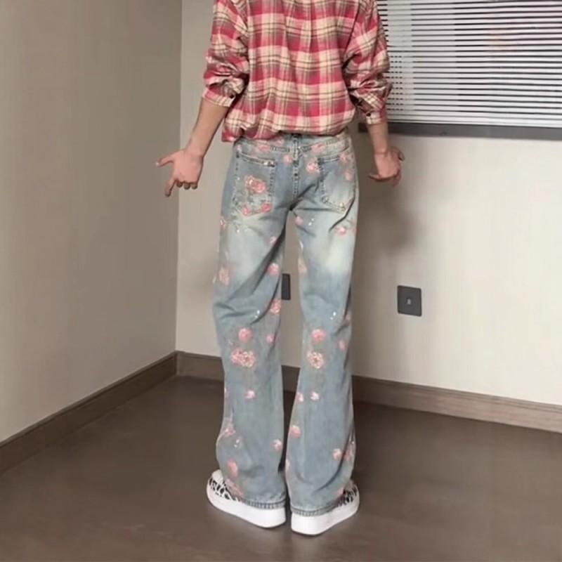 Mens High-Waisted Straight Cut Denim Jeans With Floral Print Distressed Details Casual Wear