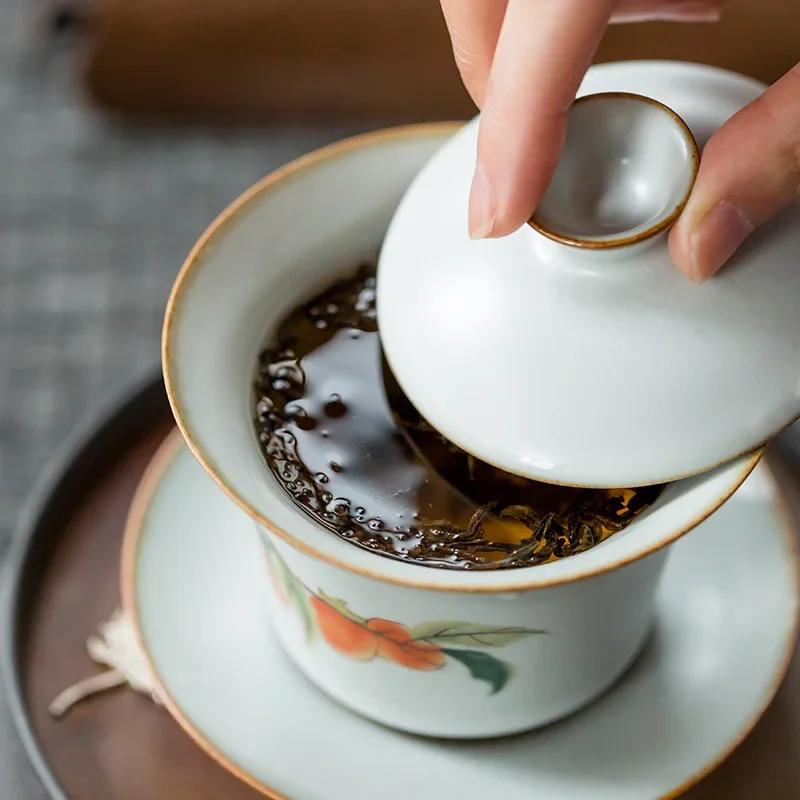 170ml Chinese Retro Ru Kiln Tea Tureen Teacup Handmade Flower and Bird Ceramic Tea Bowl Travel Portable Gaiwan Household Teaware