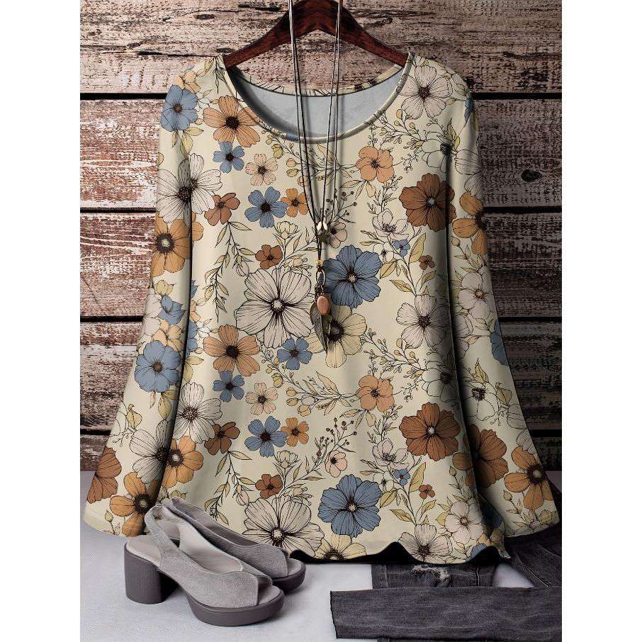 Women Fashon Polyester Comfortable T Shirts Sports Grid 3D Print Loose Round Neck Long Sleeve T-shirt Top