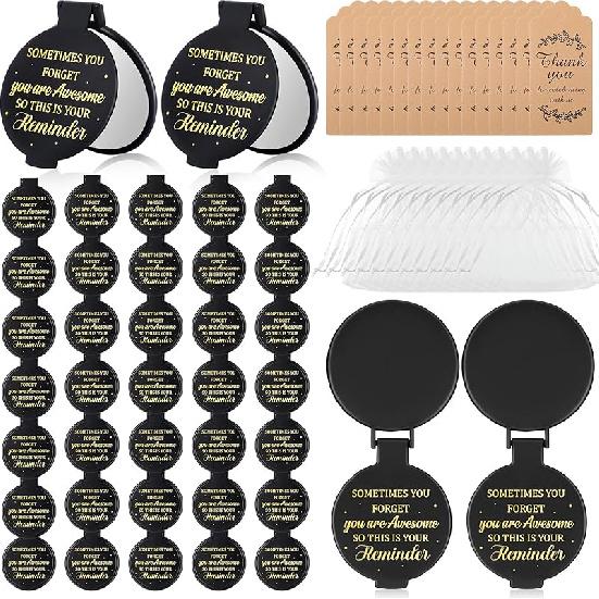 Geetery 50 Sets Compact Mirror Bulk Small Inspirational Pocket Mini Hand Mirror Employee Appreciation Gifts with Thank You Tags and Organza Bags for 50
