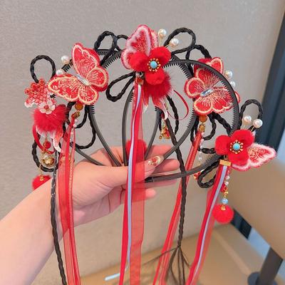 Perruque Enfant Fleur Bandeau Papillon Style Ancien Bandeau Rouge Coiffe Nouvel An Chinois Quotidien