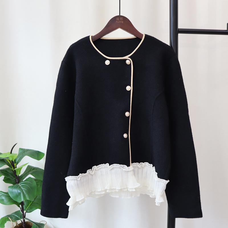 

Кардиган женский вязаный двусторонний с кружевной вставкой в стиле знаменитостей, новый осенне-зимний свитер-куртка one size fits all чёрный