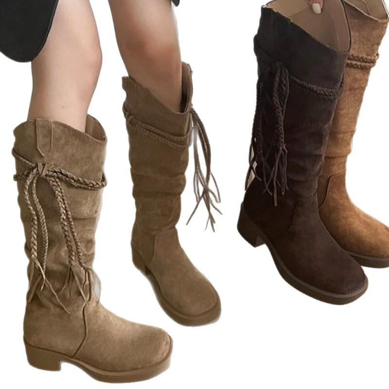 2025 Herbst Retro Stiefel Quasten Ritterstiefel Damen Dicke Ferse Aber Kniestiefel Schmale Plüschstiefel Hohe Stiefel Damen