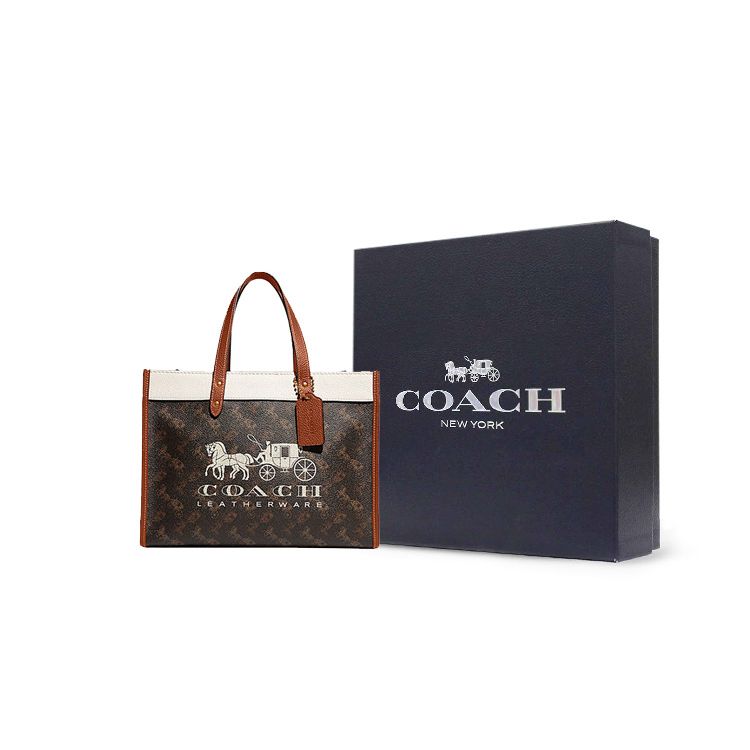 Coach Field 30 Classic Horse And Carriage Print Color Block Tote Bag Women Tote Bags Dark-Brown White C8458-B4TXN