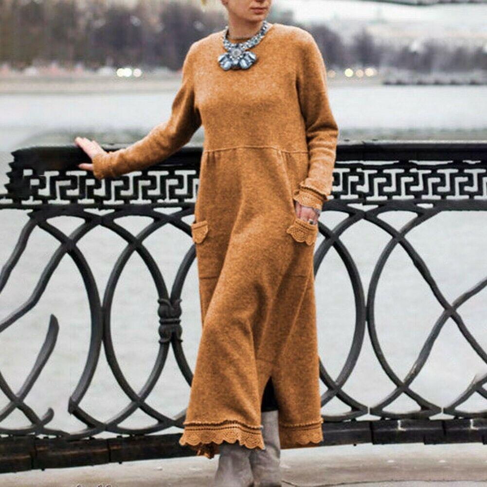 YYFS Moda donna primavera autunno tinta unita stampa manica lunga scollo a V vita larga abiti casual