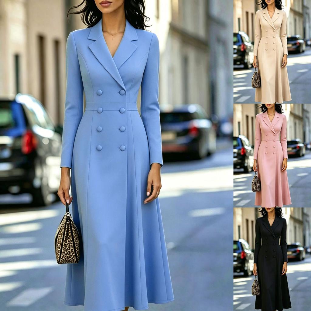Women Double Breasted Blazer Midi Dress Notched Lapel Long Sleeve Waist Slim Fit Flared Long Formal Office Dress