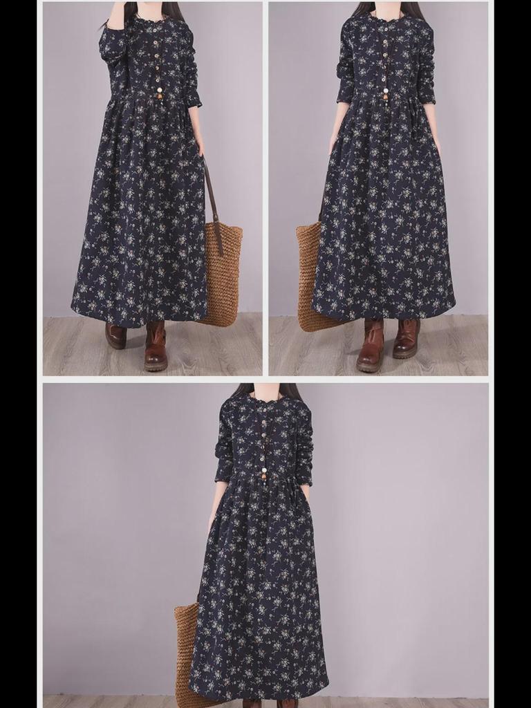 Women's Retro Floral Velvet-Lined Cotton Linen Dress - Round Neck, Long Sleeves, Loose Fit for Autumn/Winter 2023.