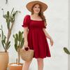 GMXIA New Large Size Women's Large Size Solid Color Leisure Vacation Dress Travel Square Collar Puff Sleeve Dress