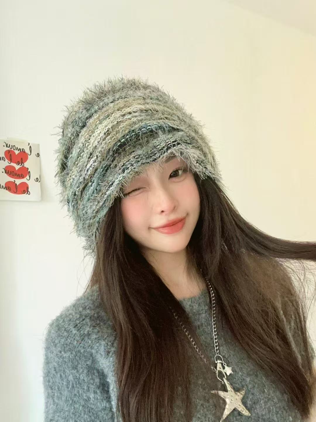 

New plush knitted hat women s thickened autumn and winter warm wool hat household hat shows a small face autumn knitted hat tide one size fits all світло-зелений колір