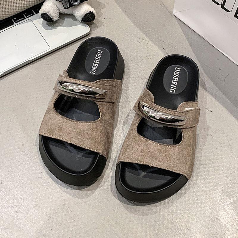 

Soft bottom casual new 2025 metal decorative cool slippers women s summer Korean version one-word drag soft bottom ins fashion thick bottom 40