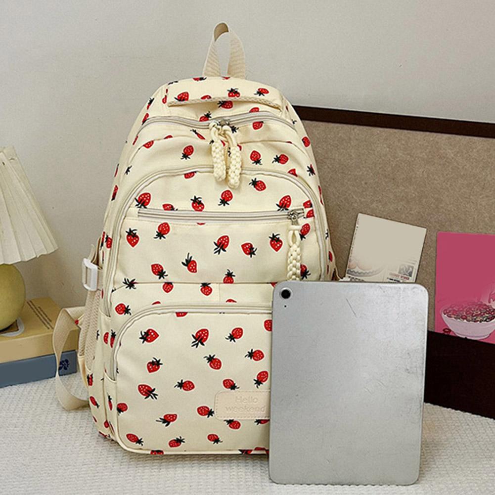 Corduroy Backpack Three Piece Set Strawberry Print Daily Casual Backpack Niche Large Capacity Commuting Light Backpack