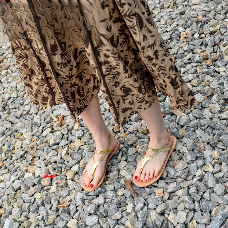 Pinch-toe Sandals Women's Simple Flat-soled Gold Sandals Large Size 41-43